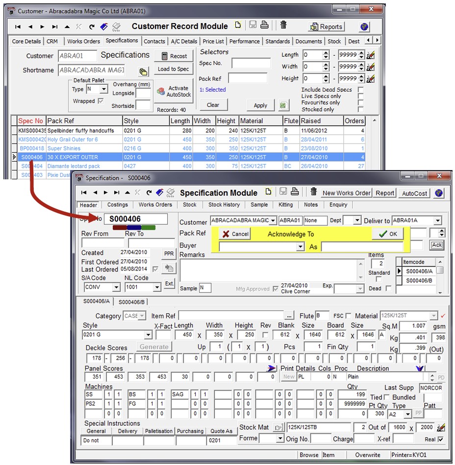 Navigating from a customer record to a specification